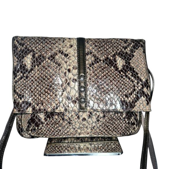 Brighton Brown Black Tan Python Embossed Leather Crossbody Purse Clutch - Picture 1 of 11